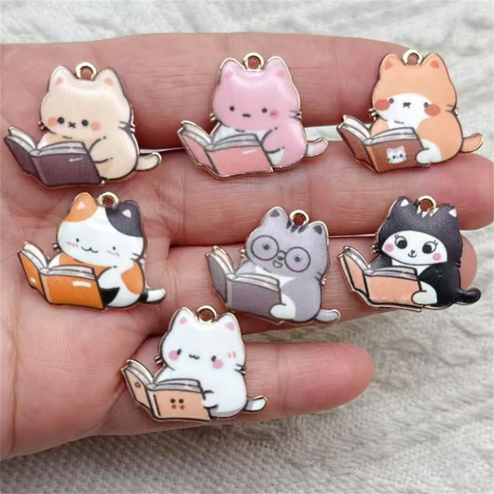 Jewelry Making Guide Book - 7/14pcs Cute Read Book Cat Enamel
